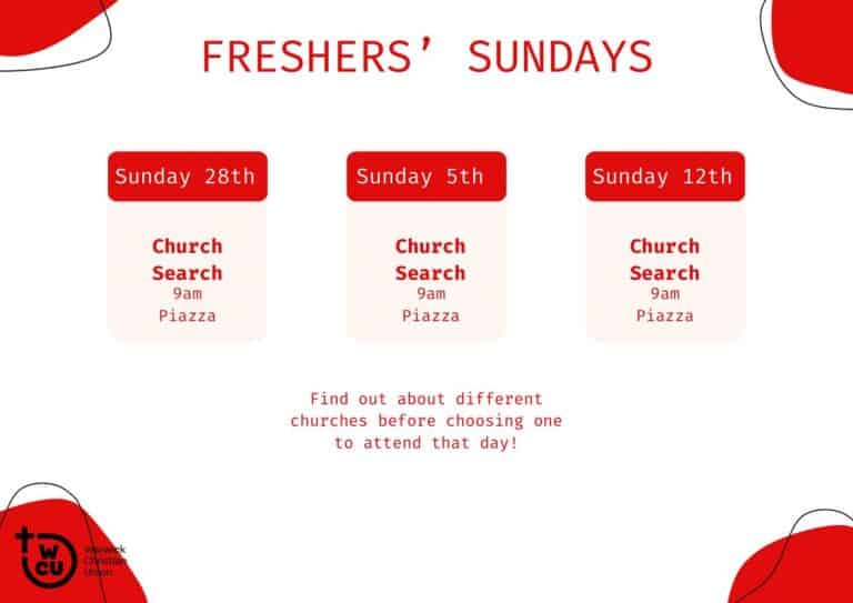A table showing details about an event called 'Church Search' happening on the first few Sundays. This event is listed at warwickcu.org/events