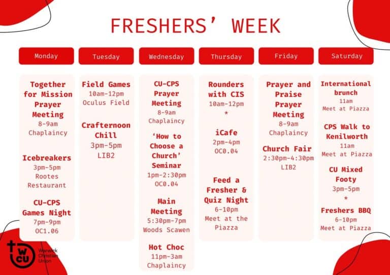 A table showing the events happening for Warwick CU's Freshers Week 2025. These events are listed at warwickcu.org/events